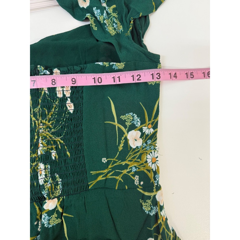 Reformation Midi Dress 6 Green Floral Smocked Back Cutout Ruffle Hem Sweetheart - Picture 7 of 11